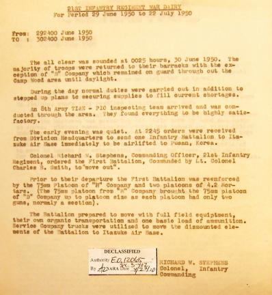 21st Infantry Regiment War Diary-30 June 1950