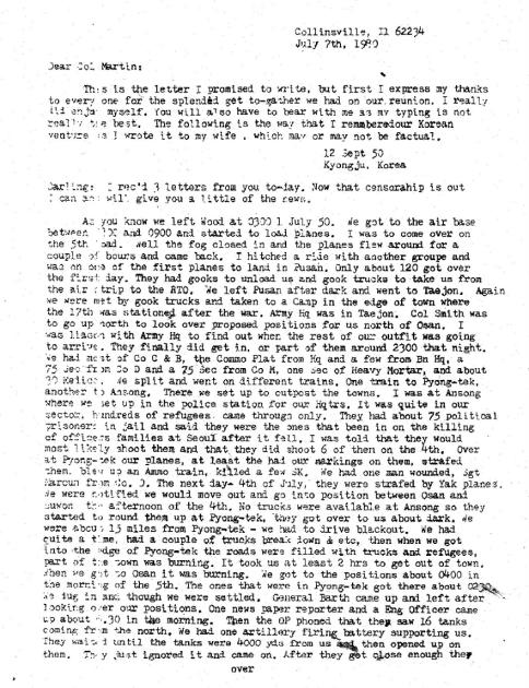 LETTEER FROM SGT CLIFFORD JOHNSON ABOUT BATTLE AT OSAN -PAGE 1PAGE 