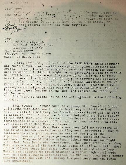 page 1 of letter from Lt. Dwaid Scott-Copmmender, Battery A - 52 FA Battalion