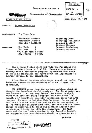 Memo of Conversation between President Truman and 13 members of State Department and War Department