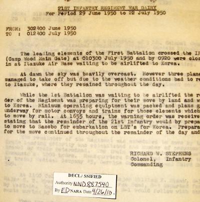 21S INFANTRY REGIMENT WAR DIARY - 1 JULY 1950