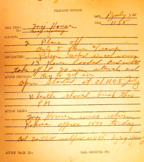 Task Force Smith-memo of phone converscation 1135, 1 July 1950